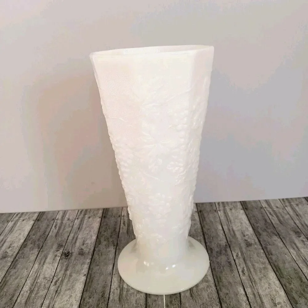 Vintage Milk Glass Paneled Grape Footed Vase 10
